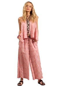 Yacamim Rosé Embroidered Floral Broderie Pantacourt Pants