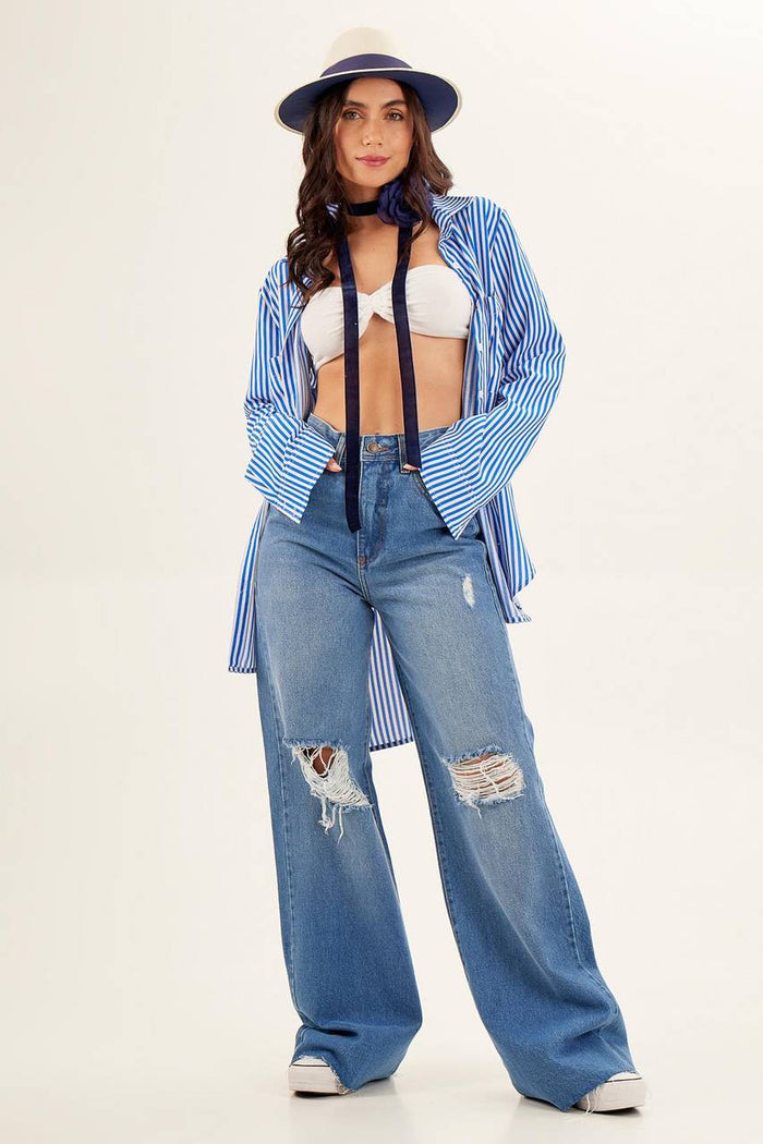 Yacamim Blue High-Waisted Wide-Leg Jeans G10