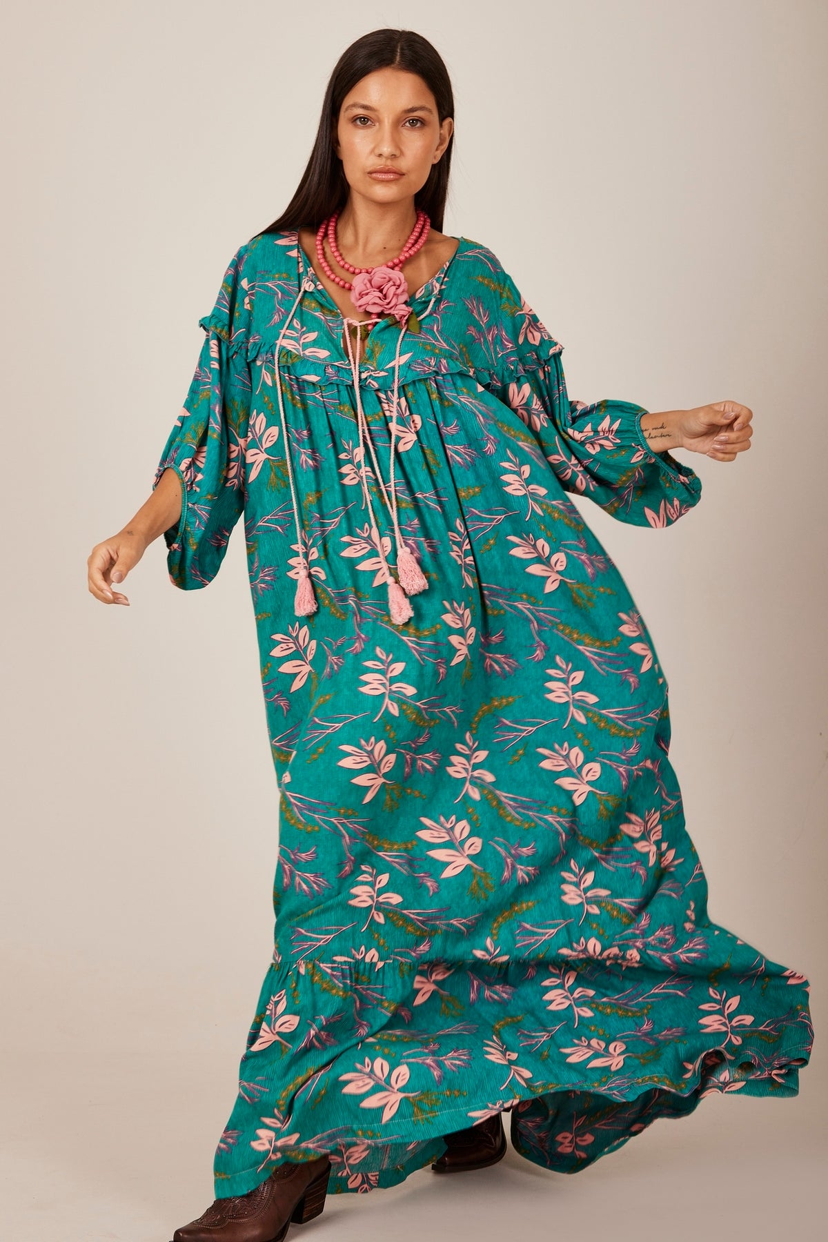 Yacamim C2 Green Printed Long Dress with Puffy Sleeves