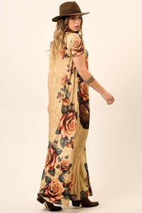 Light Brown Short Sleeve Long Dress Yacamim Guitar Print E15