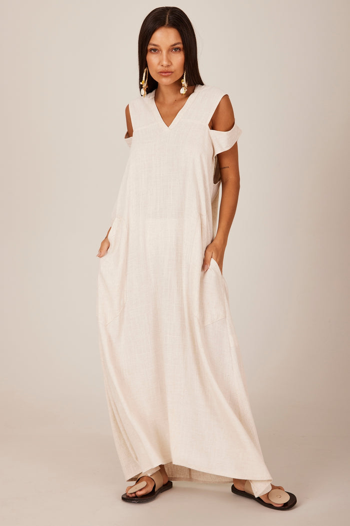 Yacamim D9 Beige Linen Long Dress with Cut-Out Shoulders and Hood