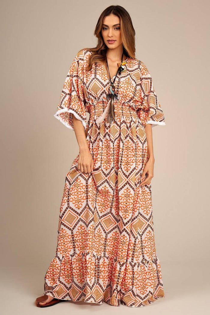 Yacamim Off-White Broderie Long Dress with Orange Print