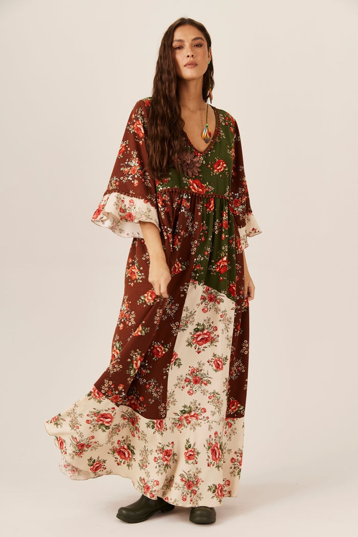 Yacamim Burgundy Patchwork Long Dress with Crochet Appliqués E19