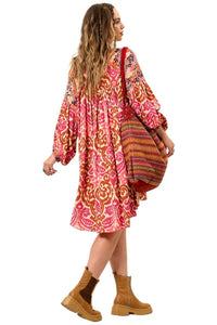 Pink Patchwork Yacamim Short Chemise Dress with Long Sleeves