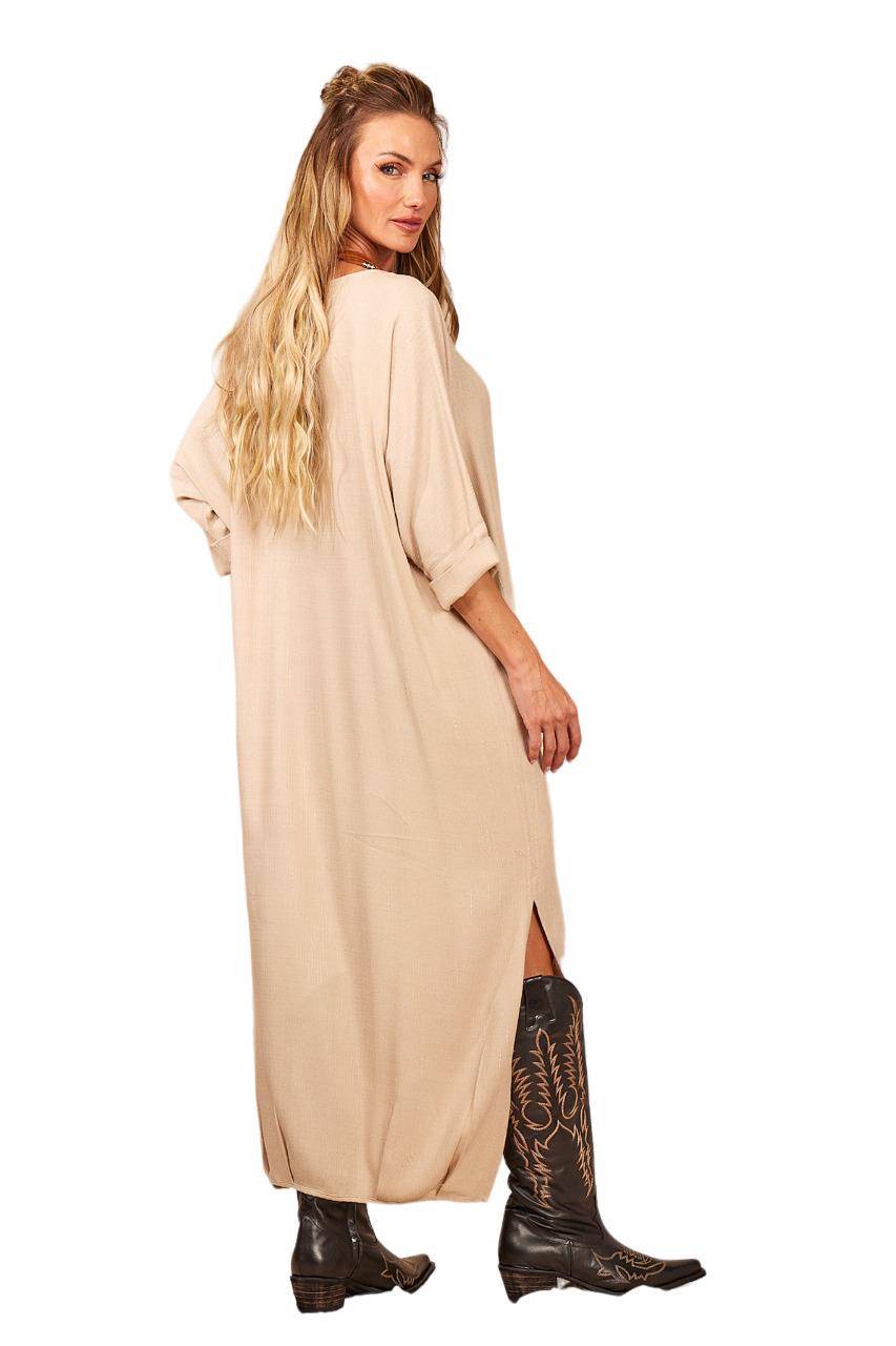 Yacamim Beige Batwing Sleeve Straight Midi Dress