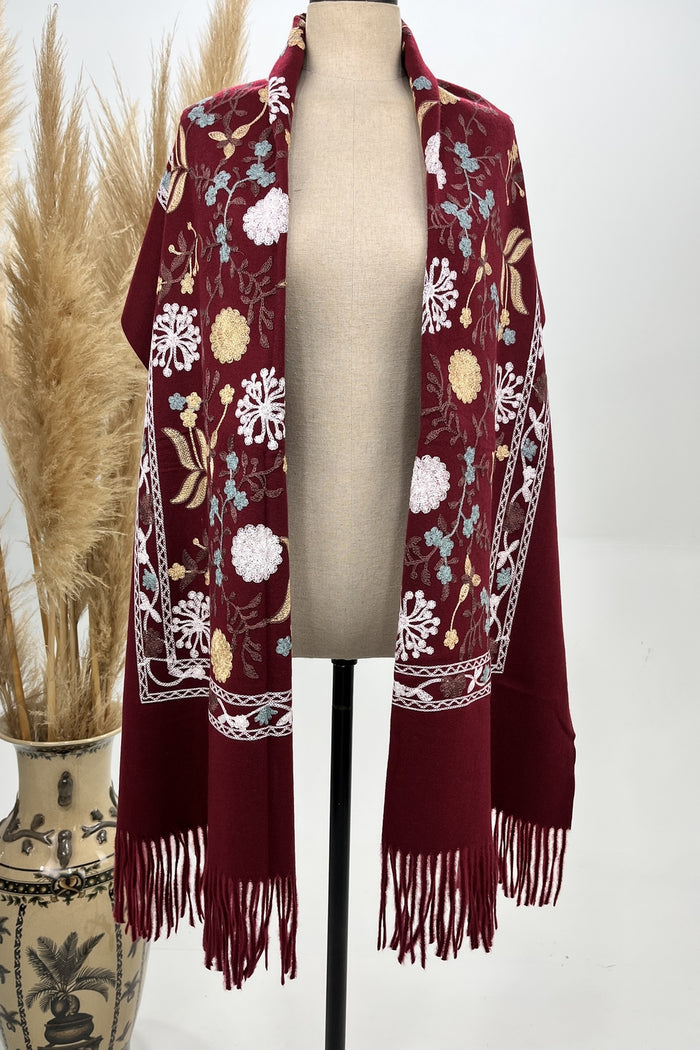 Yacamim Embroidered Burgundy Cashmere Scarf #227