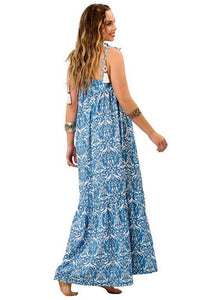 Yacamim Printed Blue Asymmetrical Cutout Strappy Maxi Dress