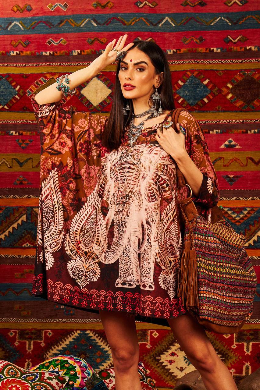 Loose Blouse with Tight Cuffs Brown Elephant Print Yacamim