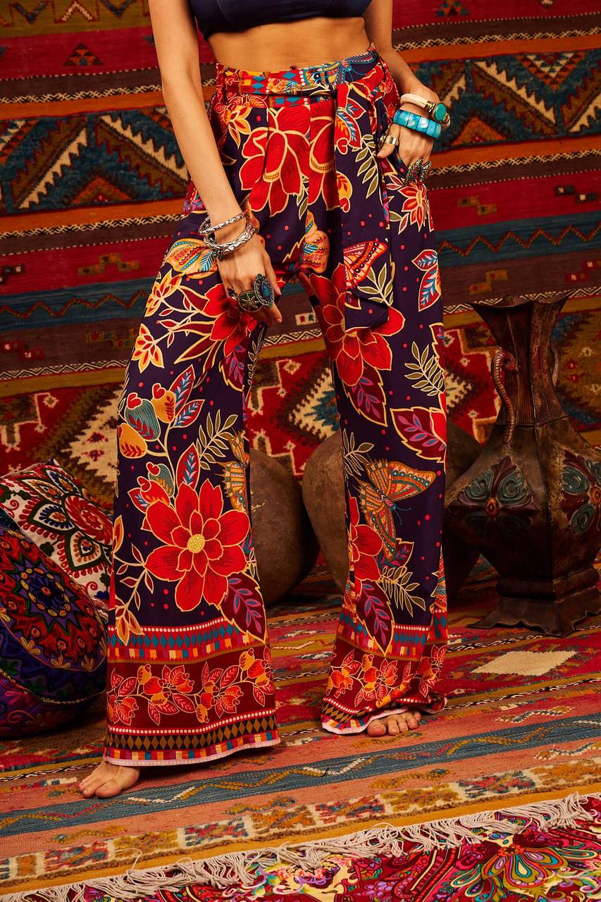 Yacamim Printed Fabric Belt Trousers