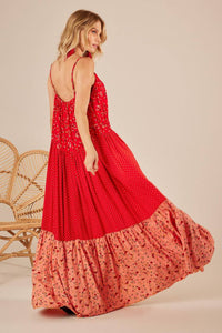 Yacamim Long Red Patchwork Strappy Chemise Dress