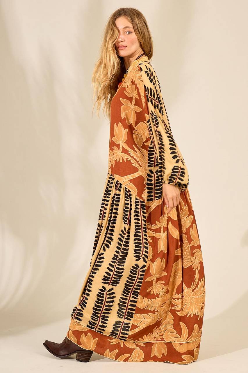 Light Brown Long Chemise Dress with Patchwork Print Yacamim