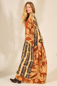 Light Brown Long Chemise Dress with Patchwork Print Yacamim
