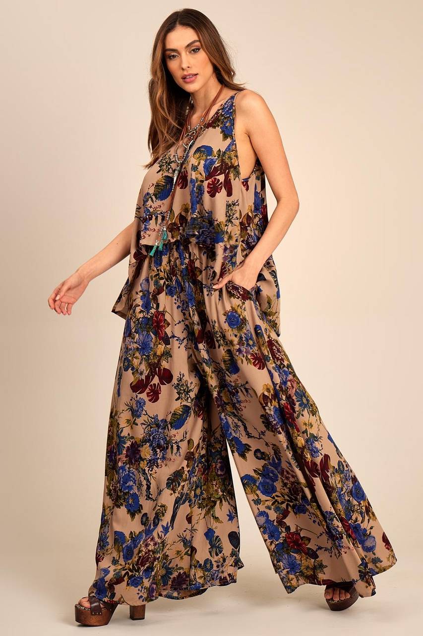 Yacamim Light Brown Printed Flared Wide-Leg Pants