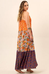 Yacamim Women's Long Orange Patchwork Button-Front Dress K3