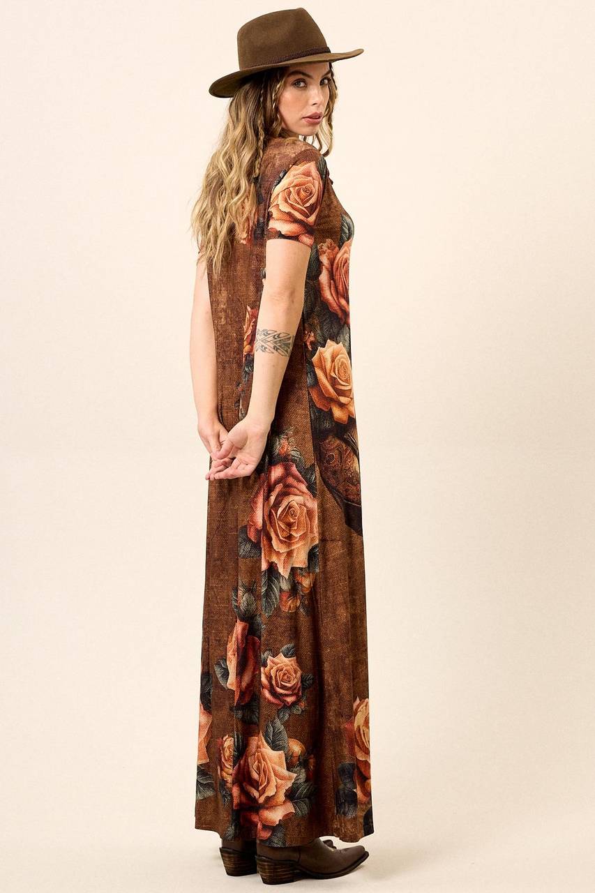 Brown Short-Sleeve Long Dress with Guitar Print Yacamim E11