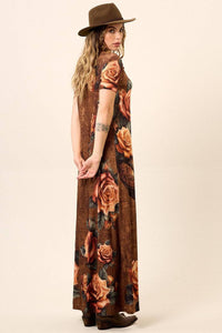 Brown Short-Sleeve Long Dress with Guitar Print Yacamim E11