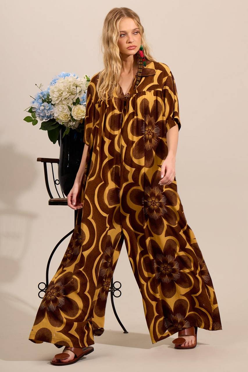 Yacamim Brown Printed V-Neck Wide-Leg Jumpsuit