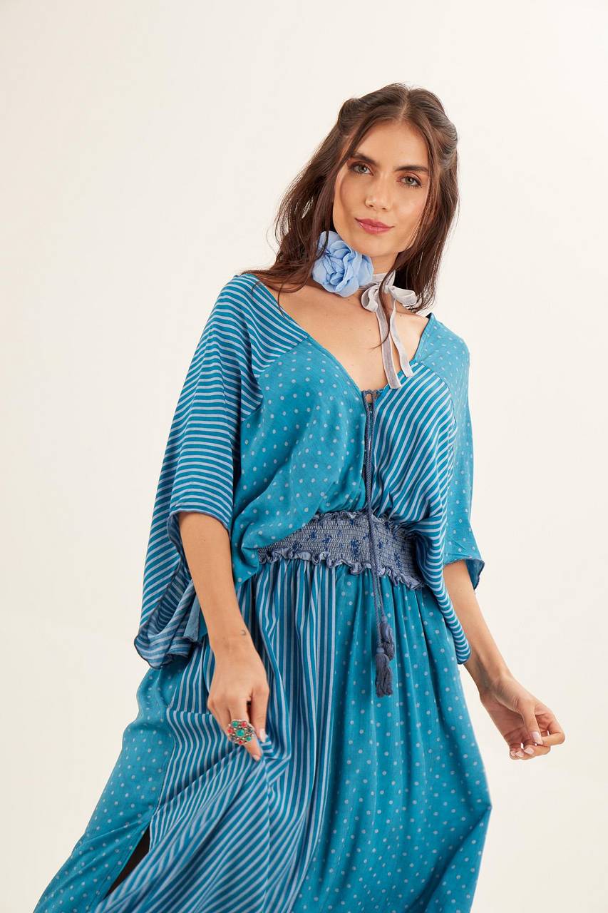 Yacamim Blue Patchwork Off-the-Shoulder V-Neck Maxi Dress