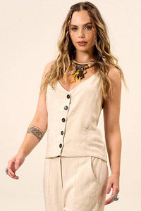 Yacamim A21 Beige Viscose-Linen Vest with Coconut Buttons