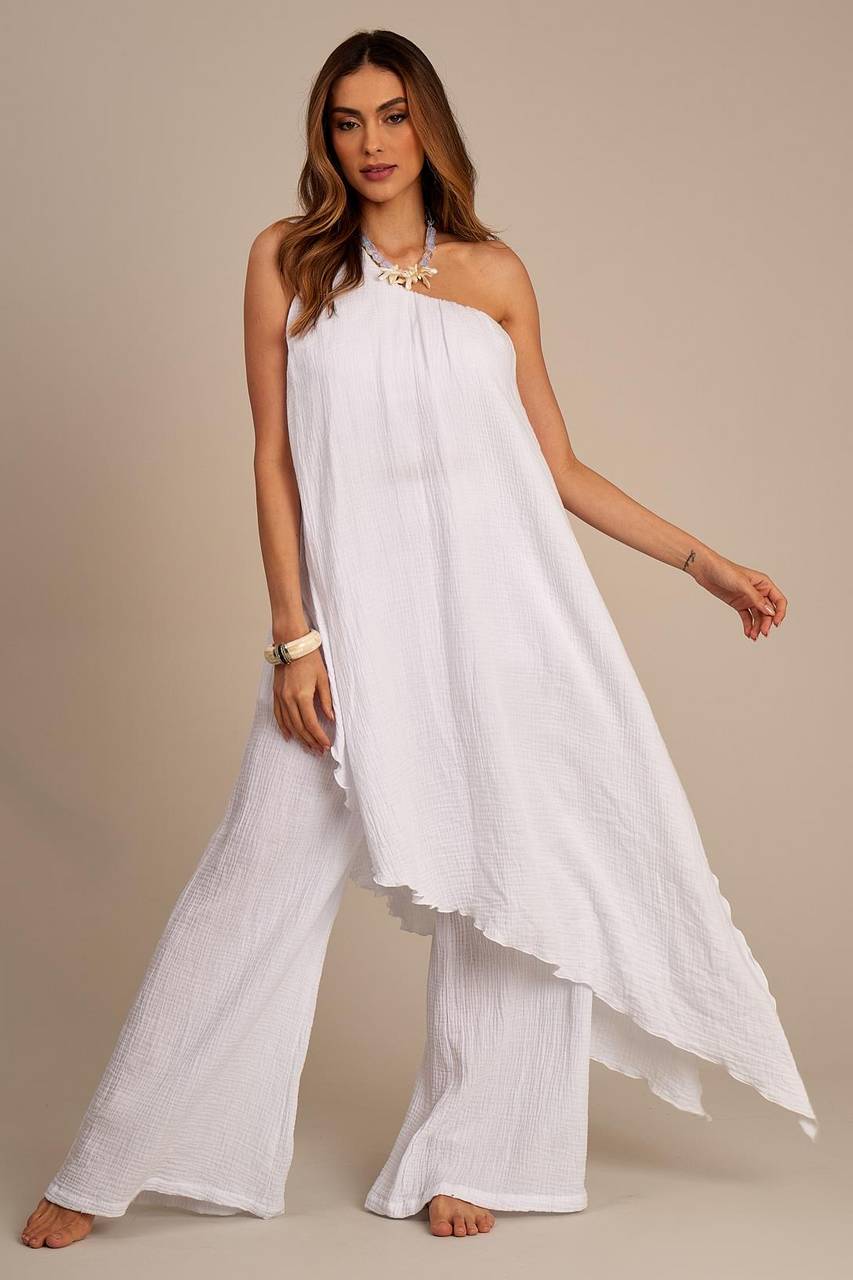 Yacamim B16 White One-Shoulder Sleeveless Transversal Blouse