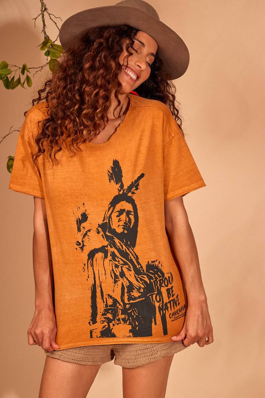 Yacamim Basic Orange Short Sleeve Printed T-Shirt