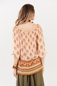 Yacamim B26 Printed Beige Lurex Gypsy Blouse