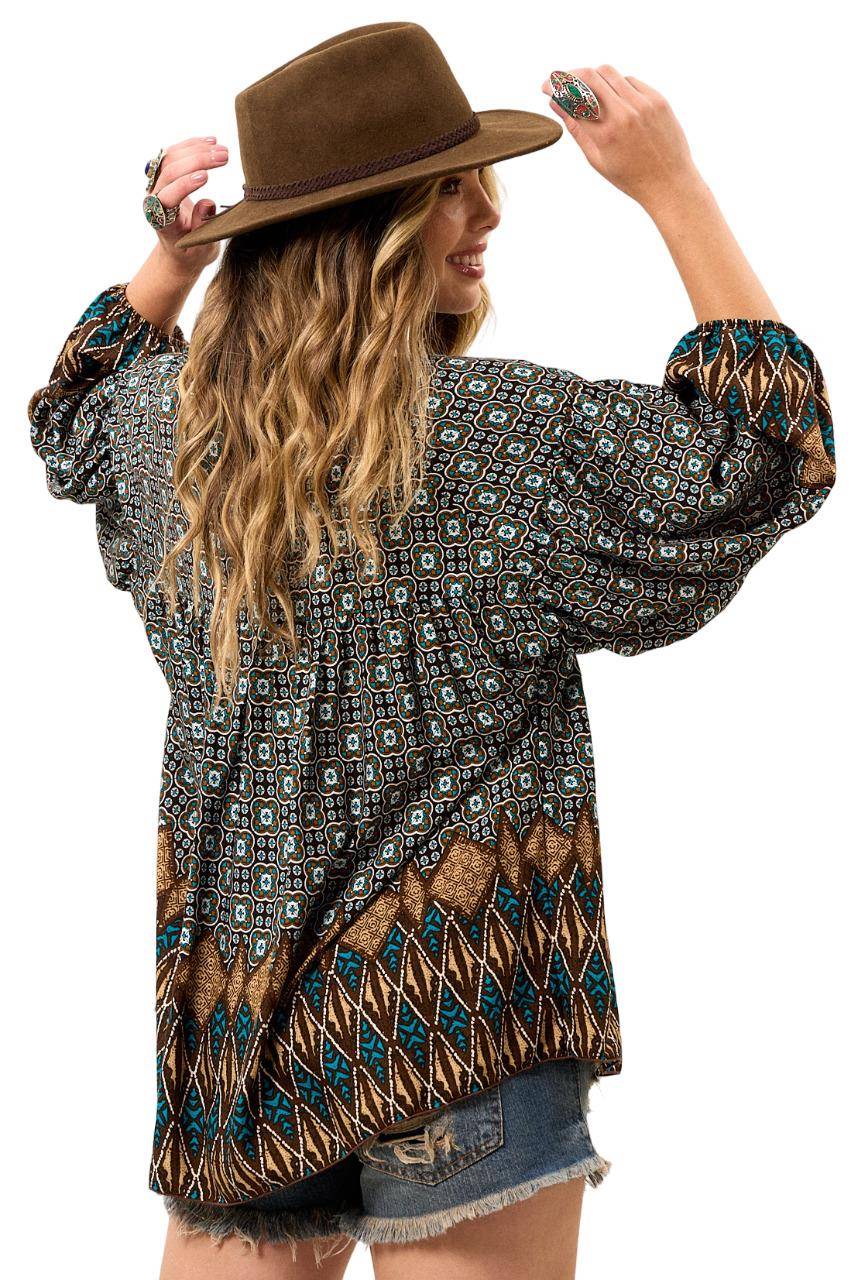 Yacamim Women's Black Printed Batwing Blouse with Puffed Long Sleeves B12