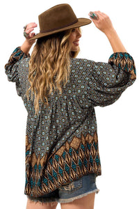 Yacamim Women's Black Printed Batwing Blouse with Puffed Long Sleeves B12
