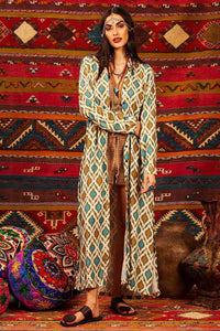 Long Chemise with Long Sleeves and Side Slits Green Yacamim Print
