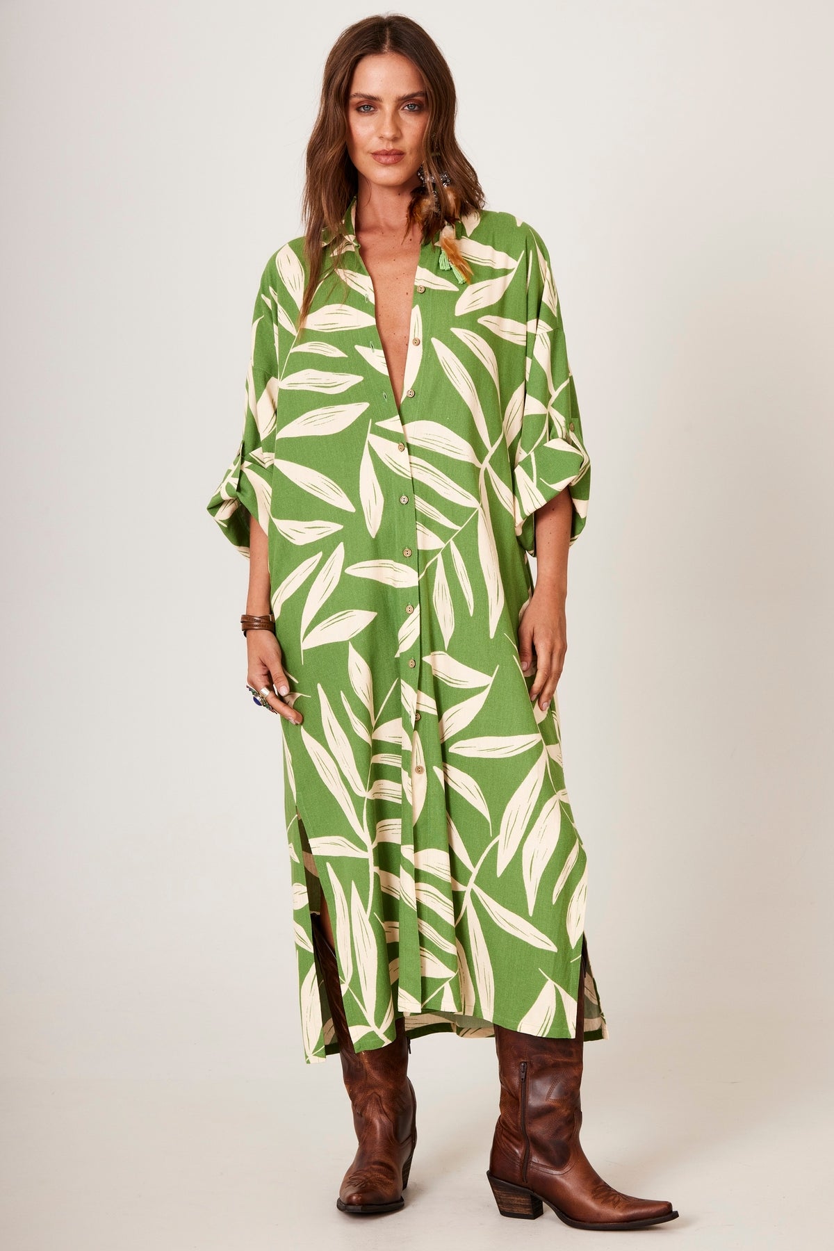 Yacamim Green Printed Midi Shirt P8