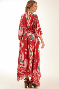 Yacamim Red Printed Long Kaftan with Waist Tunnel