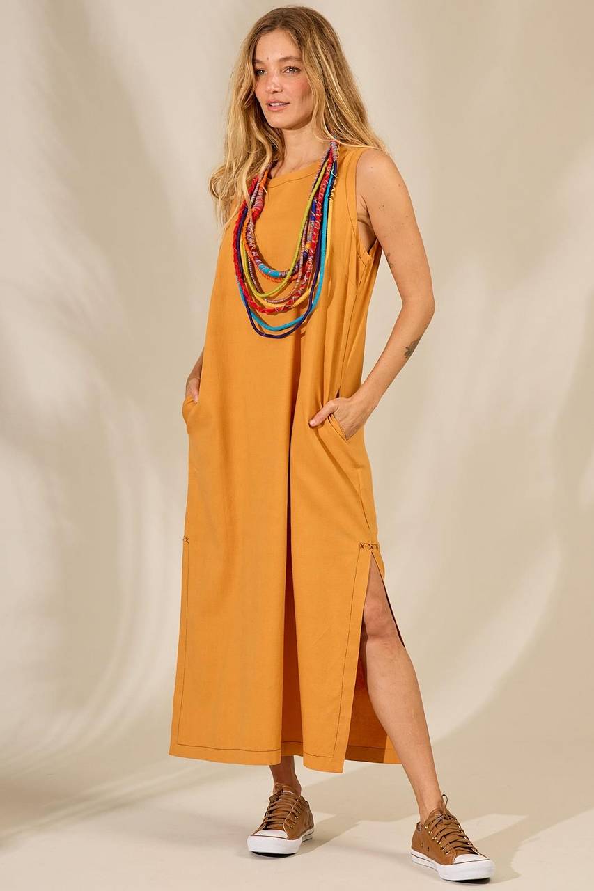 Yacamim E23 Mustard Linen Tank Midi Dress