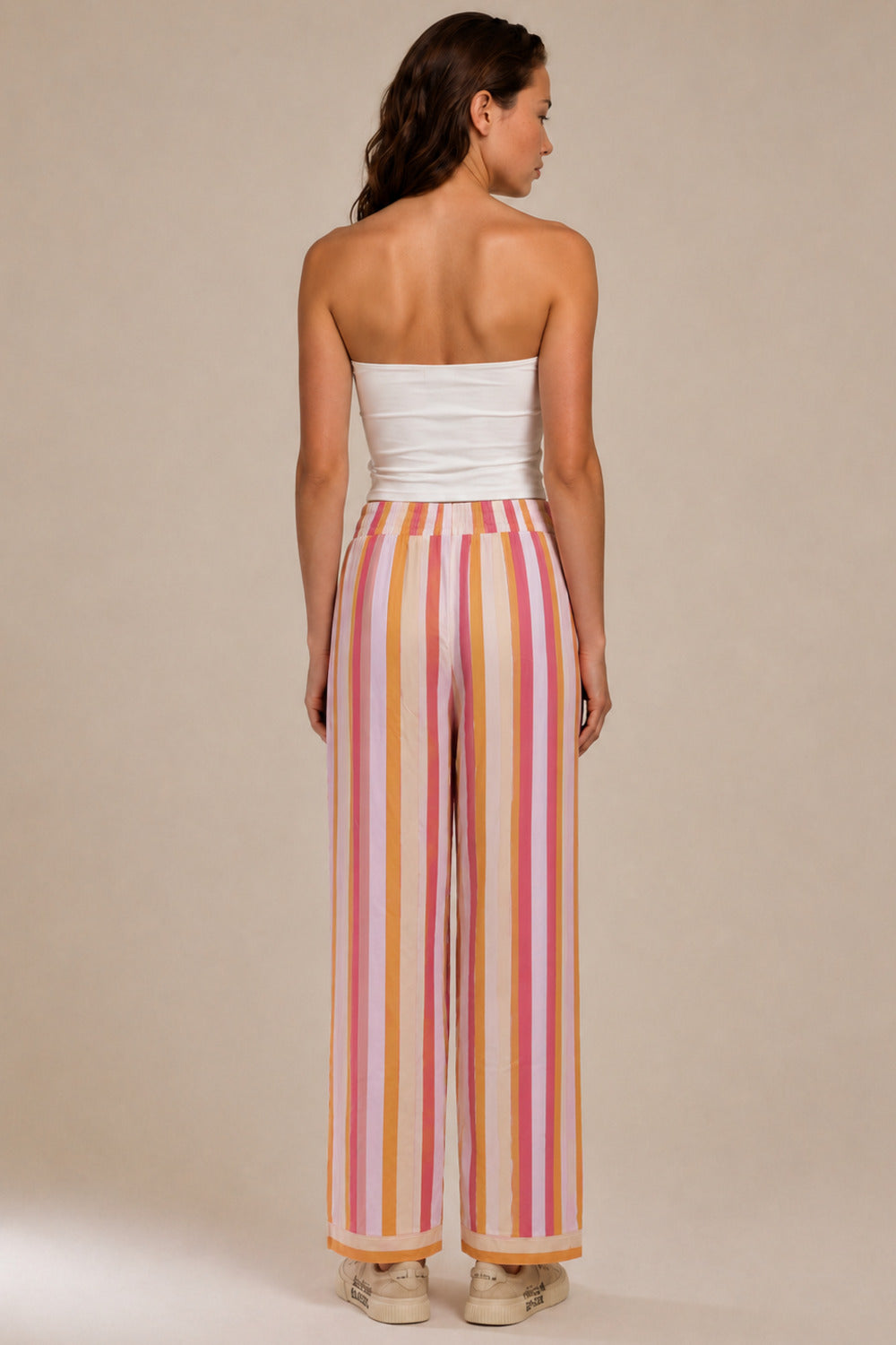 Calça Pantalona Com Bolsos Rosa E Amarela Listrada Yacamim H8