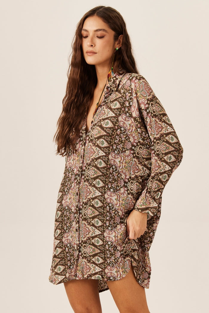 Yacamim P9 Brown Loose Paisley Print Shirt