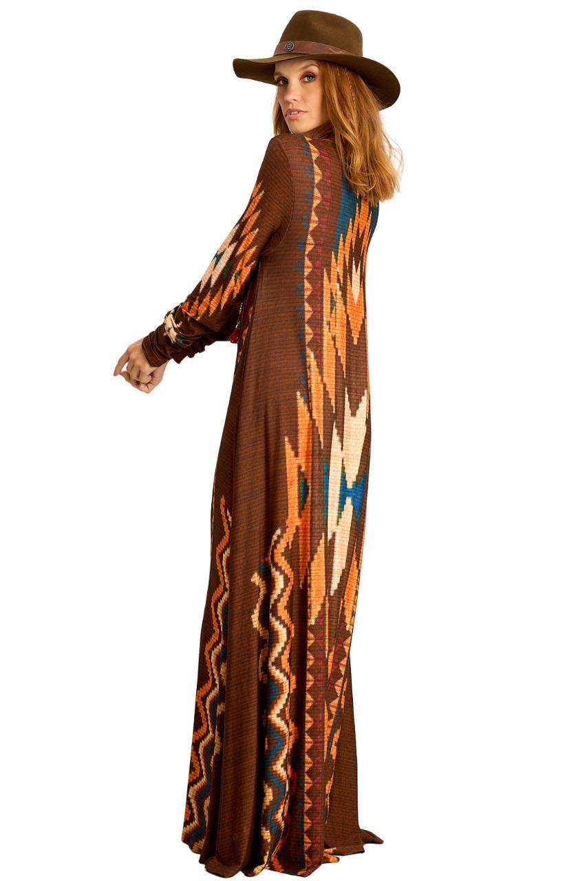 Long Brown Printed Yacamim Dress with Fitted Long Sleeves C18