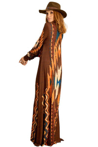 Long Brown Printed Yacamim Dress with Fitted Long Sleeves C18