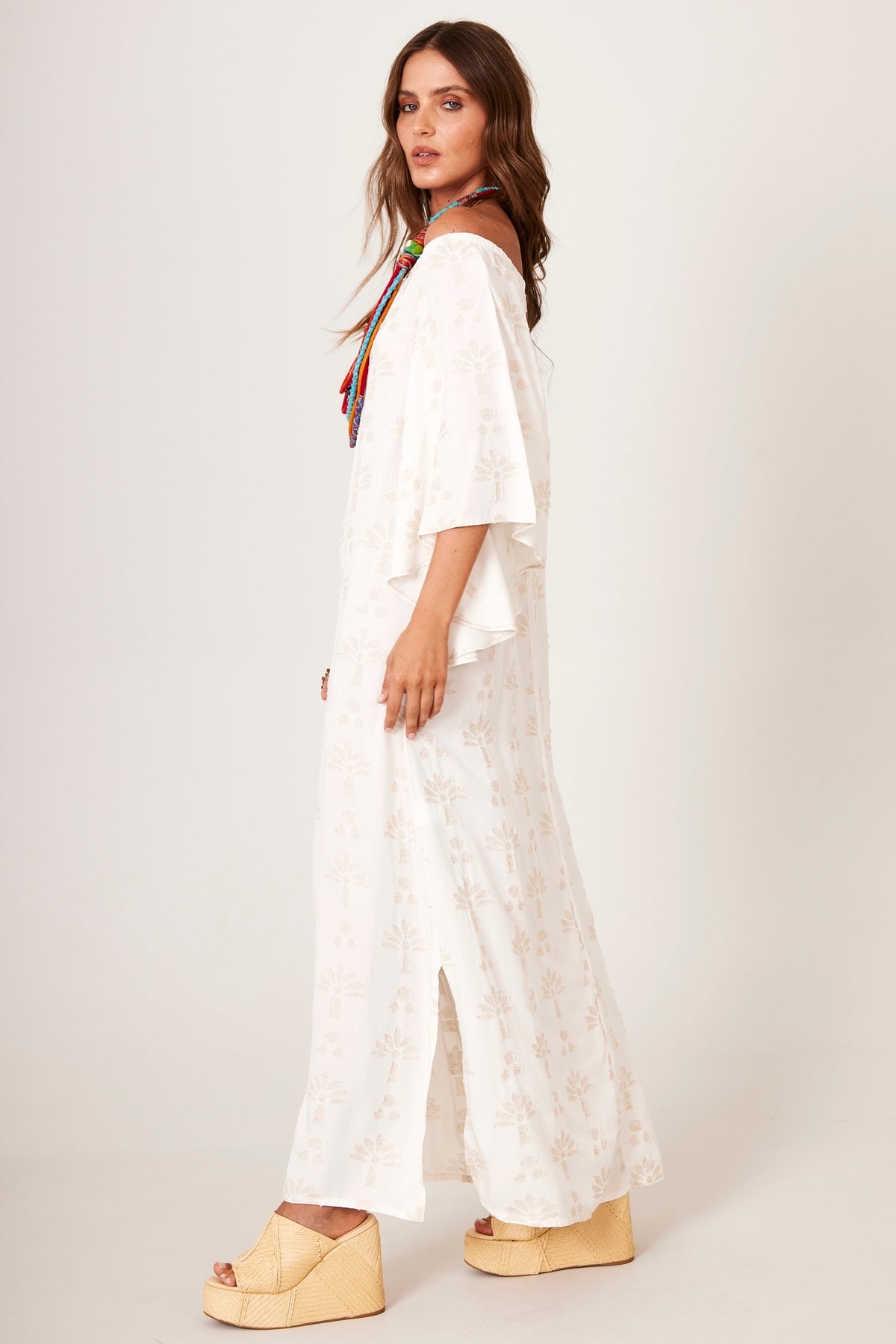 Yacamim C6 Beige Textured Floral Off-the-Shoulder Linen Maxi Dress