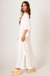 Yacamim C6 Beige Textured Floral Off-the-Shoulder Linen Maxi Dress