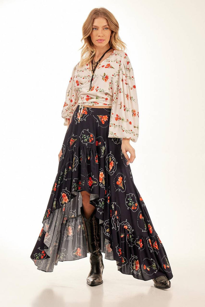 Yacamim Black Printed Ruffled Mullet Skirt
