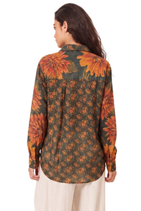 Camisa Tiradentes Com Flores Bordadas Laranja E Verde Estampado Yacamim R1