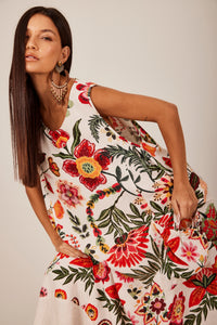 Yacamim E22 White Printed Linen Sleeveless Midi Dress