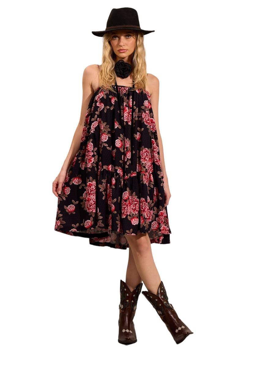 Yacamim E2 Black Printed Loose Short Dress with Straps