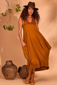 Yacamim Orange Sleeveless Midi Dress with Pockets