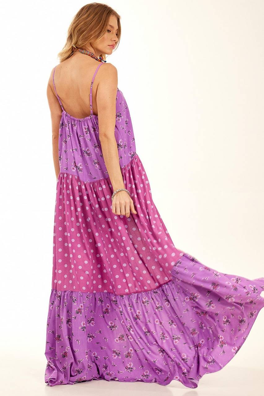 Yacamim Purple Patchwork Long Dress with Adjustable Straps