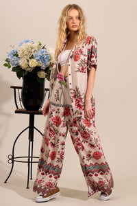 Yacamim Beige Printed Wide-Leg Pants with One Leg Slit A7