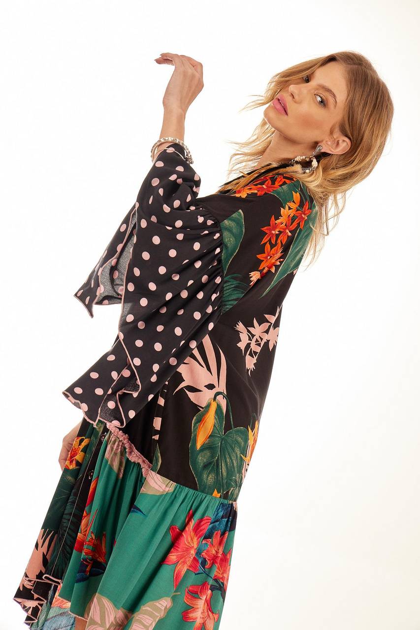 Yacamim Black Printed Patchwork Asymmetrical Ruffled Short Shirt Dress