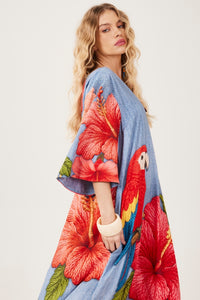 Yacamim D24 Blue Off-the-Shoulder Long Dress with Macaw Print