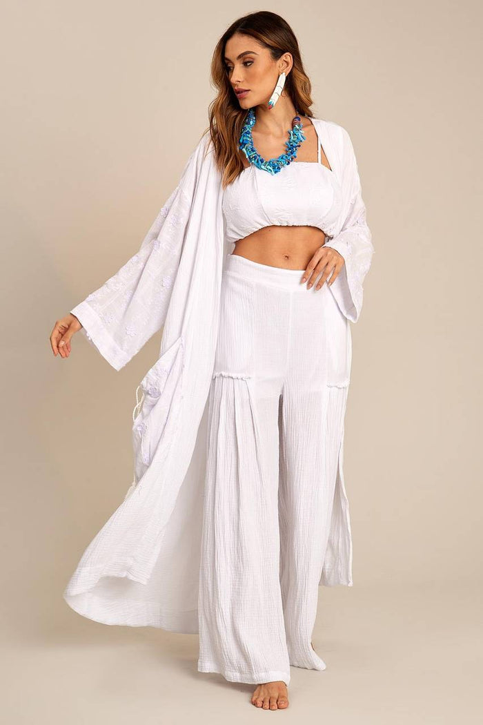 Yacamim J7 White Long Kimono with Embroidered Flowers