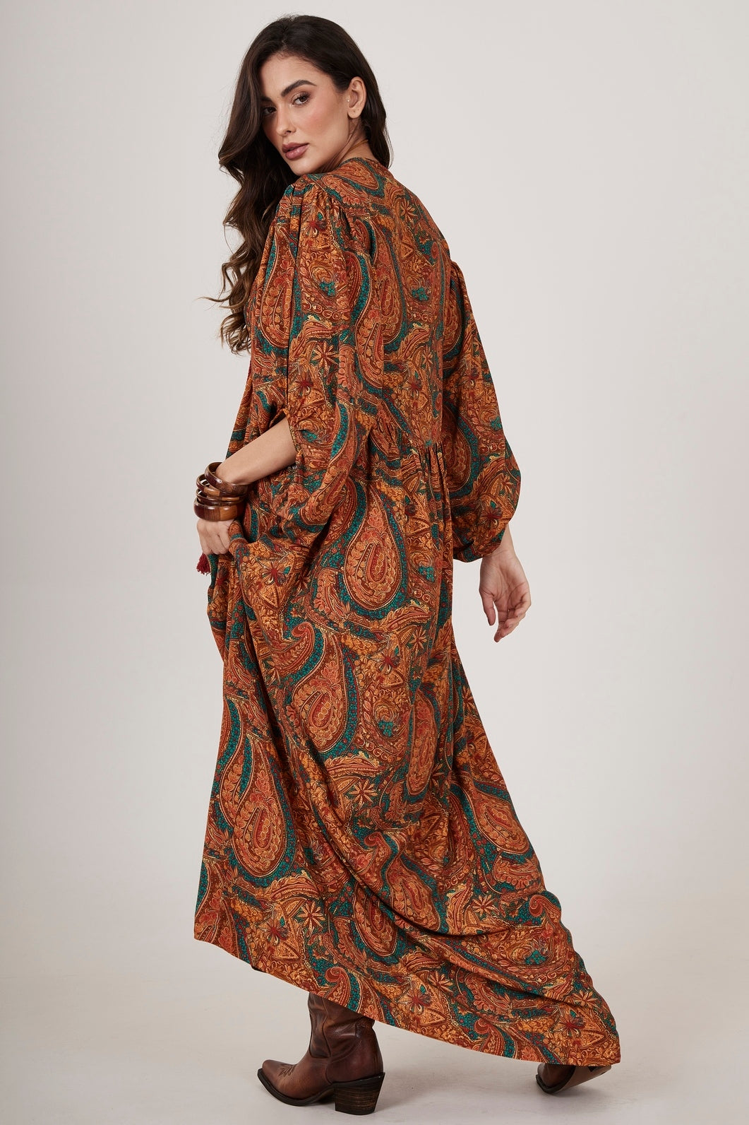 Brown Long Dress Cashmere Print Yacamim D11