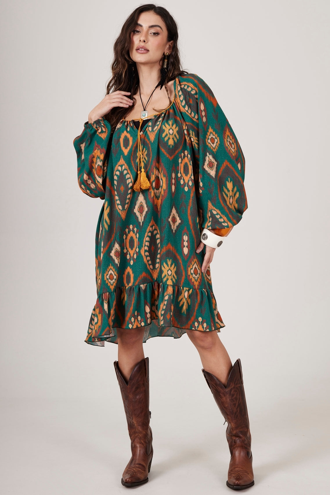 Dark Green Printed Short Dress Yacamim D14